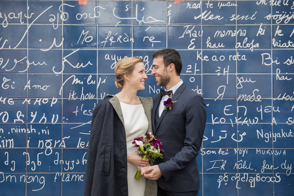 Wedding photos at I Love You wall in Paris, Montmartre