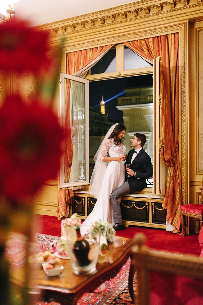 pre wedding photo package paris hotel raphael bride and groom romance with eiffel tower view room