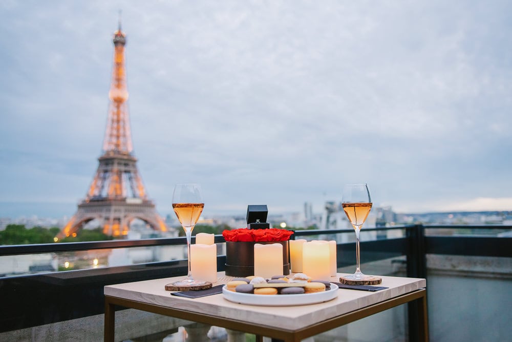 Romantic setup for an Eiffel Tower proposal