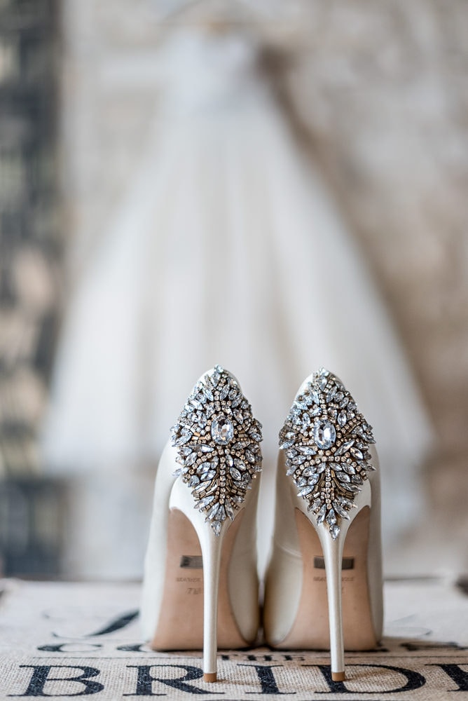 Wedding photographer in Paris - Beautiful details of Badgley Mishka bridal shoes and wedding dress